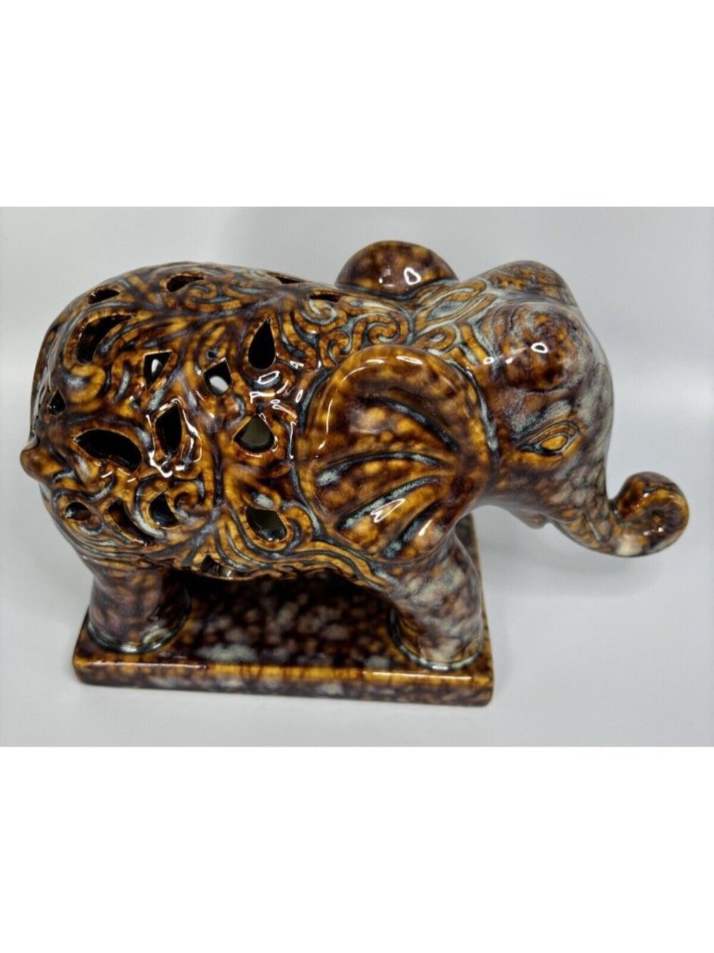 Ceramic Reticulated Elephant Statue Figurine Collectible Incense Burner 5.5 X 9